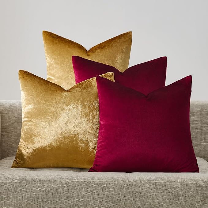 GIGIZAZA Burgundy Gold Pillow Covers: 16x16 Super Soft Throw Pillows Square Covers Set of 4 - Velvet Decorative Modern Couch Solid Cushion Covers for Living Room,Bedroom,Sofa,Christmas