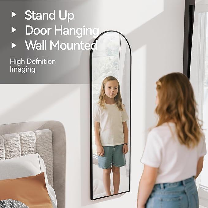 57x16 Door Hanging Full Length Mirror, Floor Stand (Height 5.7ft just Body in1.3ft) / Wall Mounted Metal Frame Arch Dressing Mirrors for Bedroom Living Room 57 inch Black