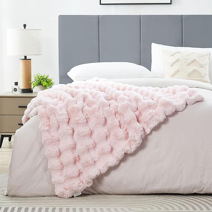 JONIYEAR Decorative Large Soft Bubble Faux Rabbit Fur Bed Blanket Queen Size 80" x 90",Reversible Thick Cozy Accent Warm Furry Blanket for Winter,Lovely Cute Big Shaggy Fuzzy Blankets for Women, Pink