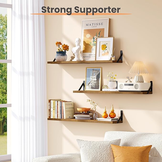 upsimples 35.4 Inches Floating Book Shelves for Wall, Long Floating Wood Shelves for Living Room, Library, Bedroom, Office Organizer and Storage, Brown