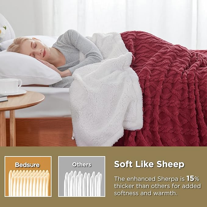 Bedsure Gentlesoft Sherpa Fleece Blanket Twin Size for Bed - Fluffy & Cozy Cable Jacquard Tufted for Women Gift, Thick and Warm Christmas Blanket for Winter, Red, 60x80 Inches