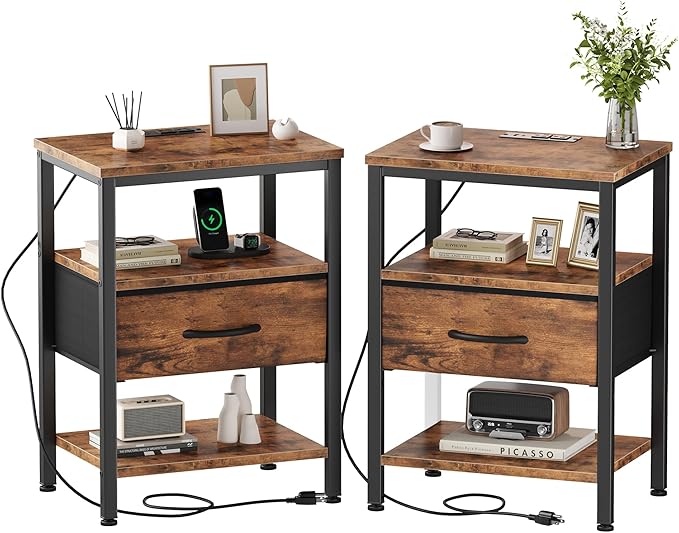 DUMOS Nightstand Set of 2 with Wireless Charging Station Bed Side Tables with Adjustable Fabric Drawers 3-Tier Storage End Tables Modern Design,Brown