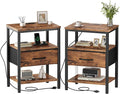 DUMOS Nightstand Set of 2 with Wireless Charging Station Bed Side Tables with Adjustable Fabric Drawers 3-Tier Storage End Tables Modern Design,Brown