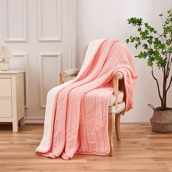 Longhui bedding Pink Acrylic Cable Knit Sherpa Throw Blanket - Thick, Soft, Big, Cozy Knitted Fleece Blankets for Couch, Sofa, Bed - 50" x 63"