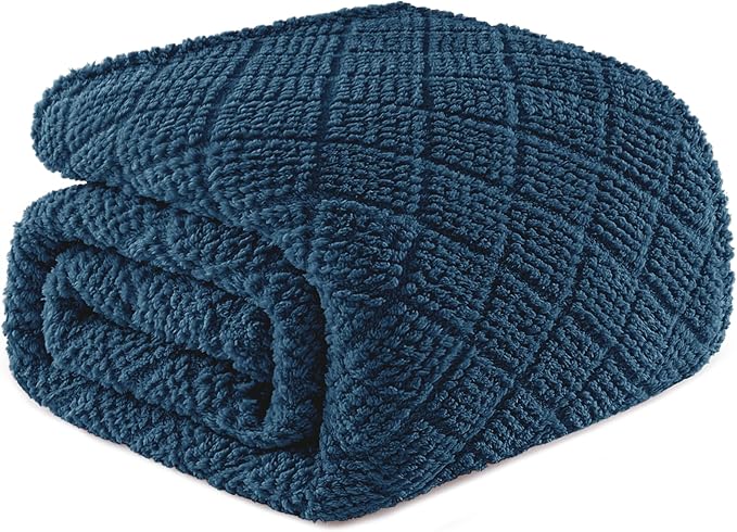 Whale Flotilla Fuzzy Fleece Twin Size Blanket for Bed, Soft Fluffy Jacquard Waffle Blankets for All Season, Lightweight and Warm, 60x80 Inch, Navy Blue