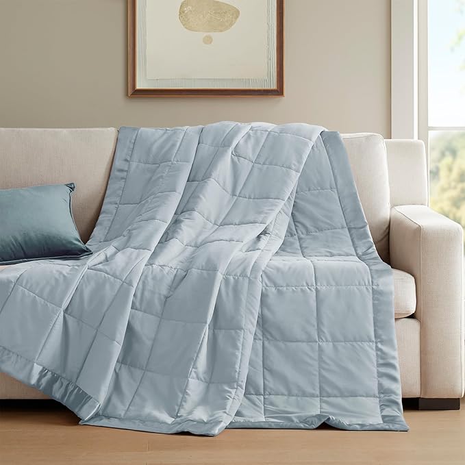 Madison Park Windom Down Alternative Blanket, Premium 3M Scotchgard Moisture Wicking Treatment, Lightweight and Soft Bed Cover For All Season, Satin Trim, Blue Twin