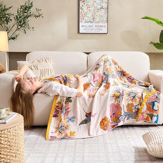 Boho Throw Blanket, 100% Cotton Ultra Soft Luxury Throw Rustic Quilt, 60"x80" Floral Bird Butterfly Farmhouse Decor Bed Blankets, All Season Rustic Reversible Bohemian Throw for Bed - Yellow
