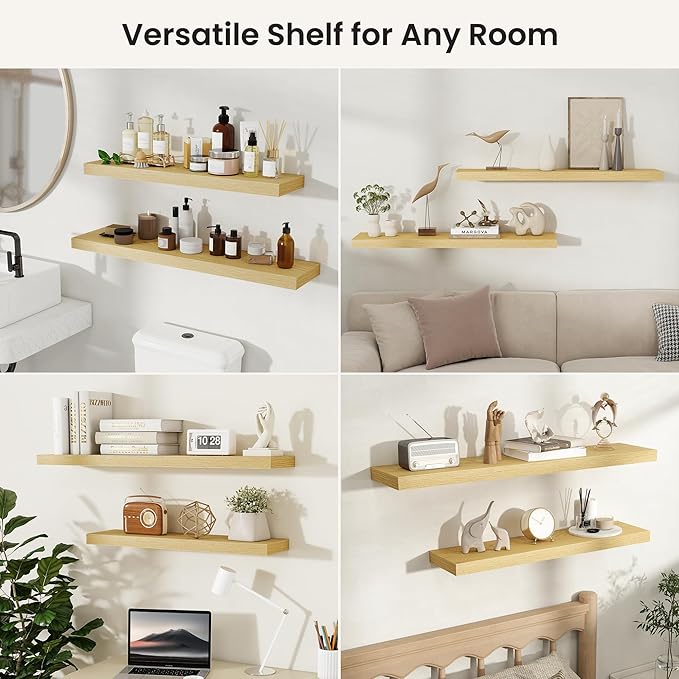 Fun Memories Rustic Wood Floating Shelves for Wall, Space-Saving Wall Mounted Shelves for Bathroom, Bedroom, Living Room and Kitchen, Stylish Storage & Display (Set of 2, Oak, 30 in)