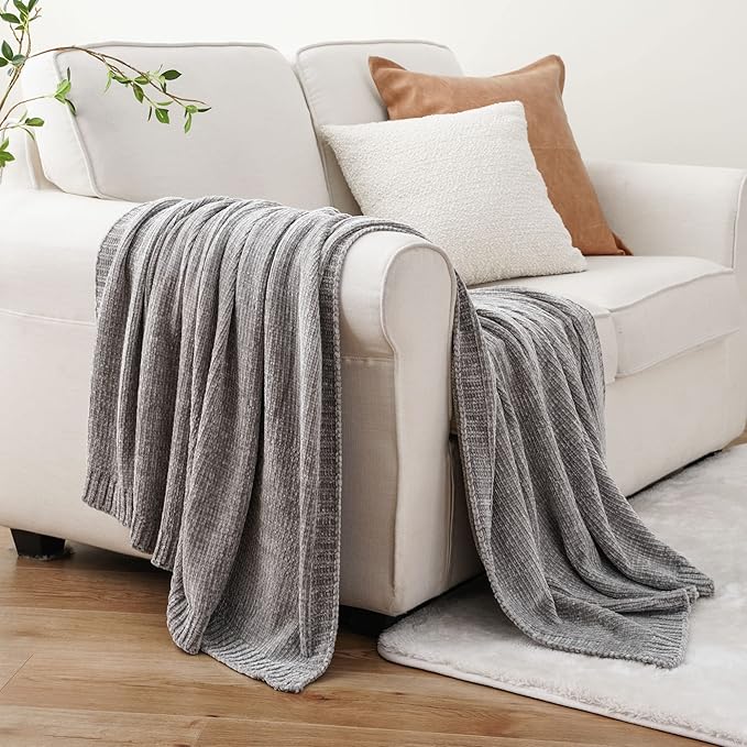 BATTILO HOME Light Grey Throw Blanket for Couch, Soft Knitted Chenille Throw Blanket for Sofa, Chair, Living Room, Cozy Gray Throw Blankets for Bed,51"x67"