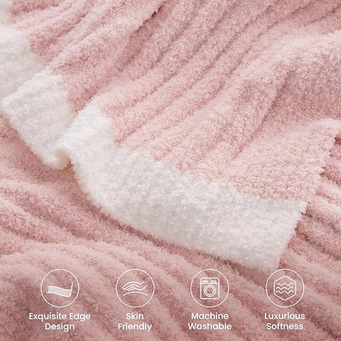 Snuggle Sac Pink Throw Blanket for Couch, Soft Cozy Ribbed Fluffy Blankets for Women, Warm Microfiber Knit Cute Throws for Girls Daughter Women Gifts for Mom, Pink, 50x70 inches