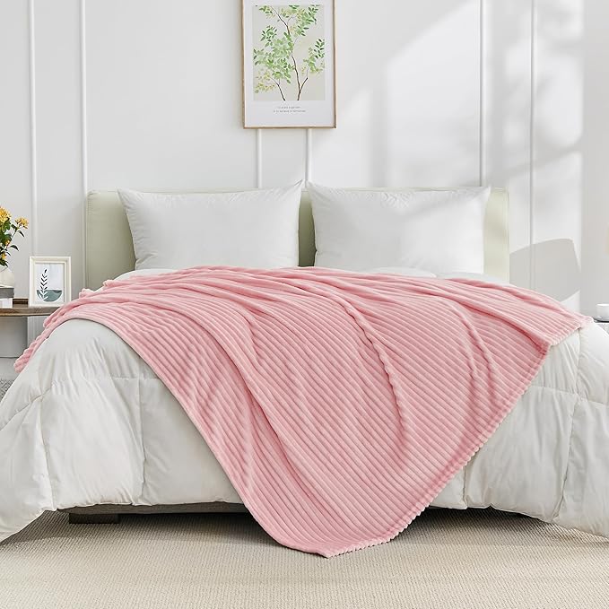 Bnuitland Fleece Throw Blanket for Couch, 300GSM Soft Warm Cozy Fluffy Throw for Adults & Kids, Stripe Pattern, All Season Sofa Bed Blanket for Home Decor, Light Pink 50"x60"