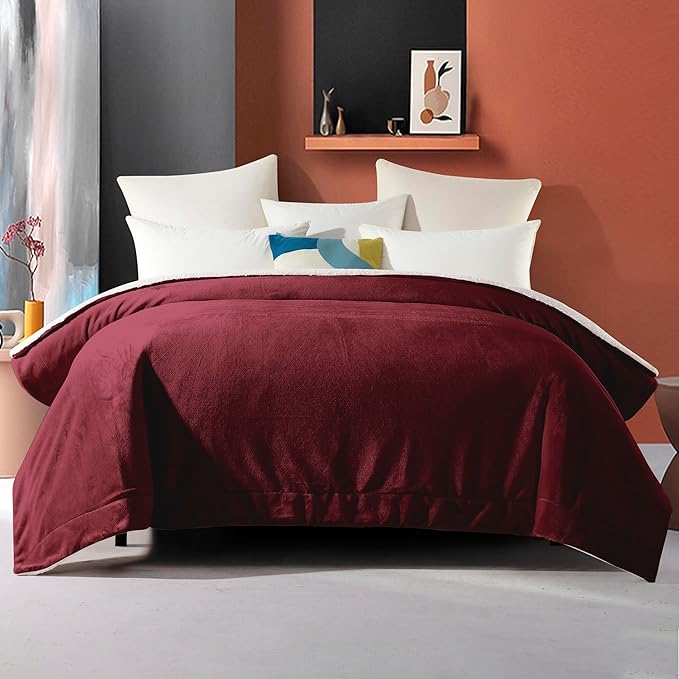 Elegant Comfort Ultra Soft Reversible Flannel Sherpa Blanket - Cozy Silky Fleece Throw for Couch, Bed - Plush Fuzzy Warm Winter Blanket for Gift, Full, Burgundy