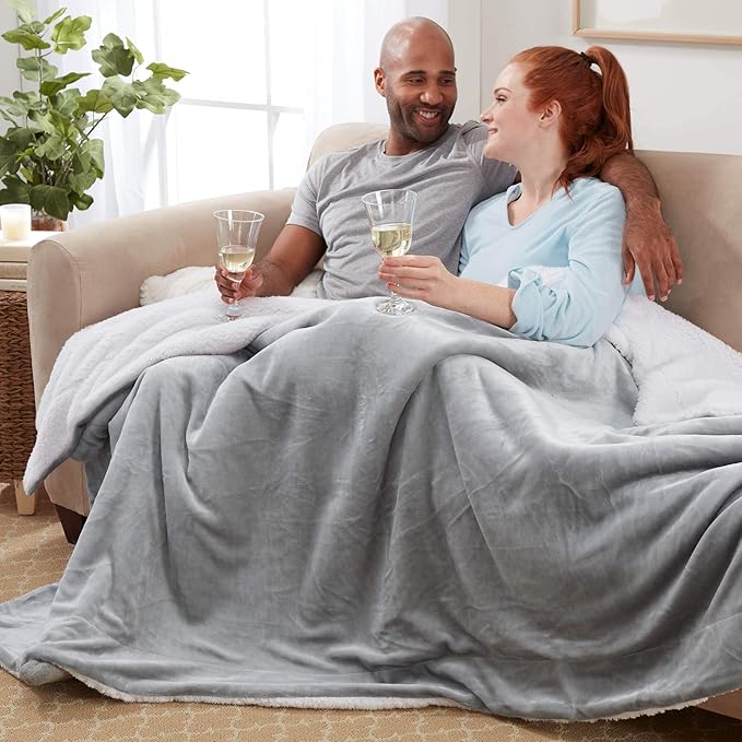 Genteele Sherpa Throw Blanket Super Soft Reversible Ultra Luxurious Plush Blanket, 102 x 90 inches, Silver/White