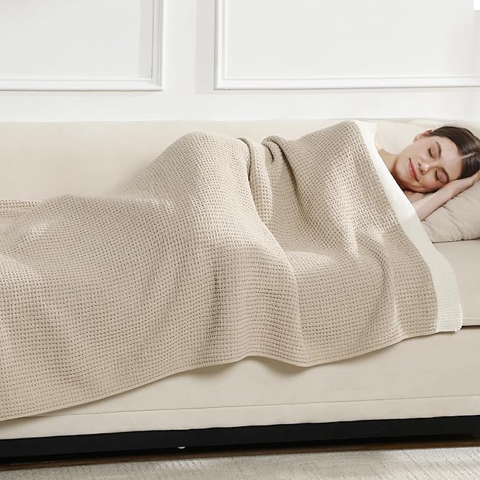 SeaRoomy Knit Throw Blanket,Super Soft Cozy Reversible Waffle Blanket,Warm Fluffy Fuzzy Plush Lightweight Double-Side Blanket for All Seasons for Couch,Sofa,Bed (Solid-Khaki,50"x70")