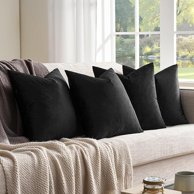 GIGIZAZA Black Velvet Pillow Covers - 20x20 Pack of 4 Decorative Throw Pillows Soft Couch Cushion Luxury Covers for Bed Living Room Accent Elegant Pillow Cases