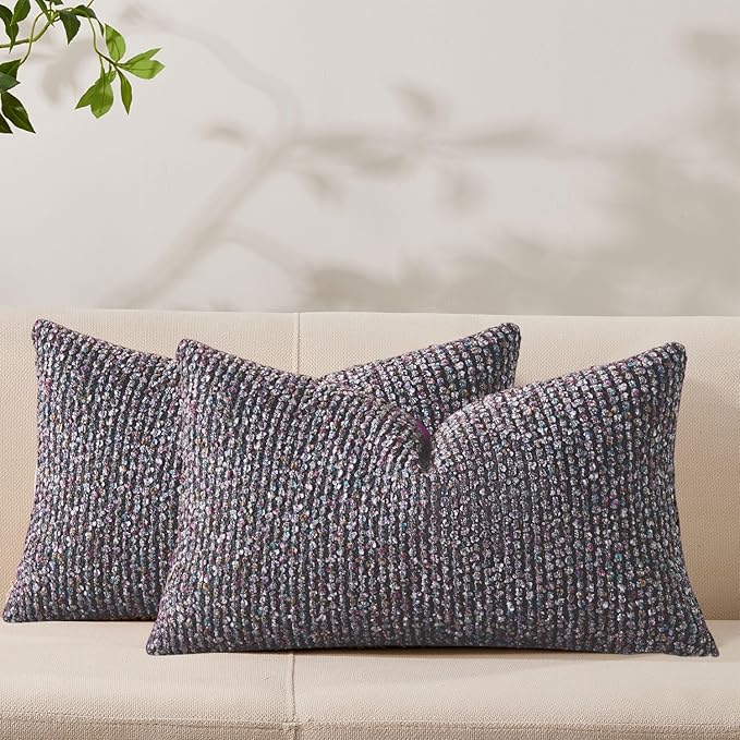 Allorry Decorative Couch Throw Pillow Covers 12x20 Set of 2 Purple Striped Soft Wool Pillow Covers Neutral Textured Boho Cushion Covers for Modern Farmhouse Sofa Bedroom Living Room Decor SY012-E12
