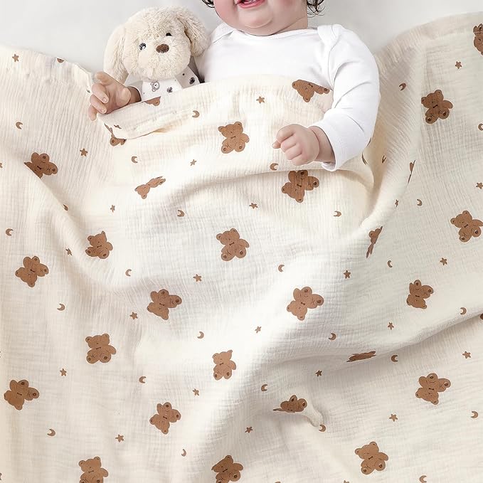 CREVENT 2Pcs 30''X40'' Cute Cozy Fluffy Warm Baby Blankets for Infants Toddlers' Bedding Crib Cot Stroller - Grey Cloud + Muslin Bear