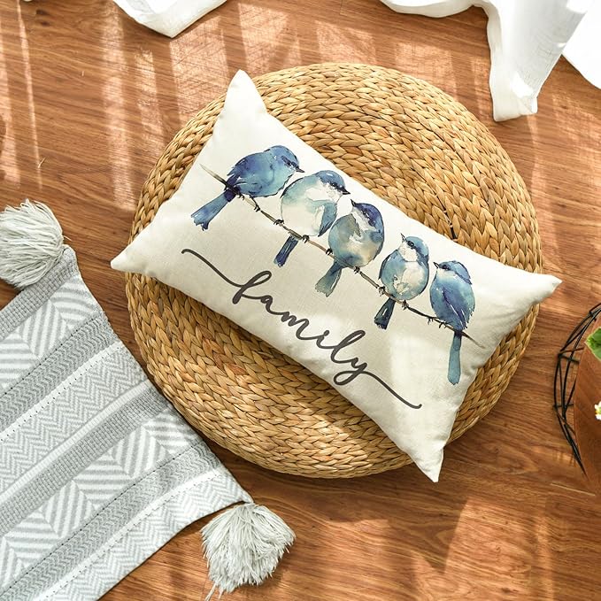 AVOIN colorlife Home Sweet Home Bluebird Family Watercolor Throw Pillow Cover, 12 x 20 Inch Christmas Winter Cushion Case Decoration for Sofa Couch