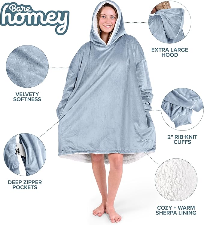 Bare Home Wearable Blanket Hoodie - Soft Plush Sherpa - Warm and Cozy - Oversized Wearable Blanket - Adult & Kid Sizes