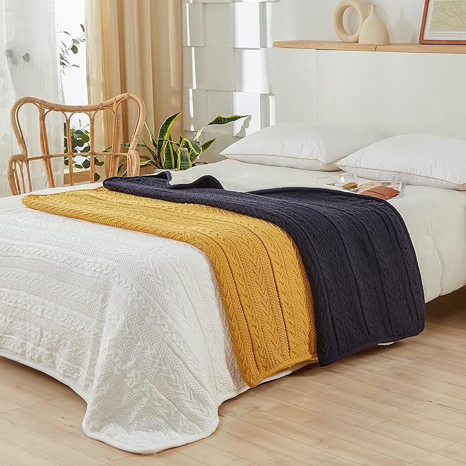 Longhui bedding Mustard Yellow Sherpa Throw Blanket - Thick, Soft, Big, Cozy Yellow Acrylic Cable Knit Fleece Blankets for Couch, Sofa, Bed - Large 60 x 80 Inches Coverlet All Season