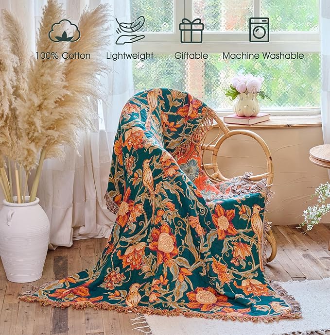 Boho Throw Blanket - 100% Cotton Ultra Soft Muslin Blanket, 60"x80" Lightweight Floral Bird Framhouse Bedding Spring Blanket for Bed, All Season Blue Bohemian Bedroom Home Decor Quilt