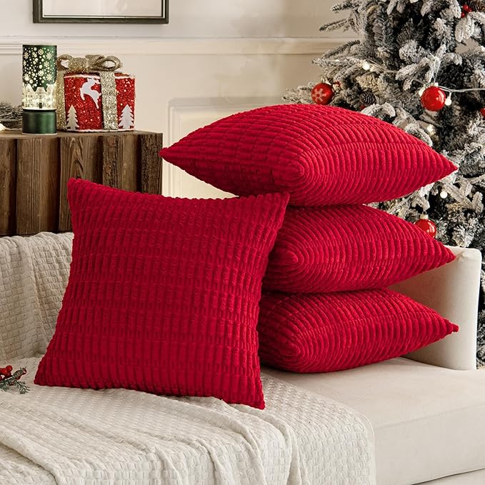 MIULEE Pack of 4 Christmas Red Corduroy Decorative Throw Pillow Covers 20x20 Inch Soft Boho Striped Pillow Covers Modern Farmhouse Home Decor for Sofa Living Room Couch Bed