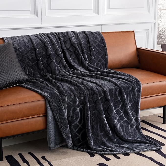 Soft Cozy Fleece Twin Blanket, 60x80 Inches – Lightweight Plush Blanket for Couch, Fuzzy 3D Jacquard Design, for Sofa, Bed & Travel - Dark Grey