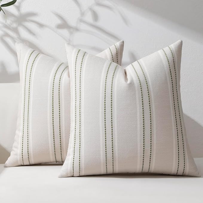 Hckot Spring Decorative Pillow Covers 18x18 Striped Throw Pillows Textured Linen Green Pillow Covers Farmhouse Decor Cushion Covers for Couch Bed Living Room,Sage Green
