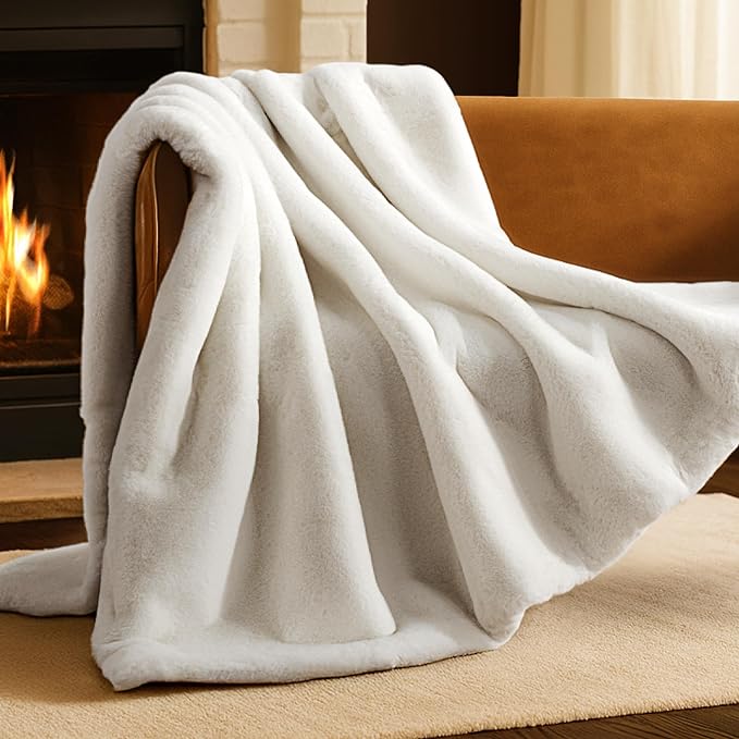 Bare Home Faux Fur Throw Blanket - Ultra-Soft Luxurious - Cozy Warm Blanket for Couch, Sofa, Chair, Bed - Fuzzy Fluffy Super Soft - Decorative Bed Blanket, 60x47 inches (White)