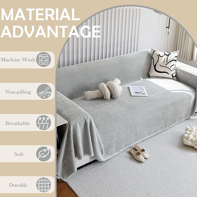 HANDONTIME Grey Modern Sofa Covers Corduroy Jacquard Couch Cover Blanket Gray Couch Cover for Kids Living Room Chenille Couch Covers for Sectional Sofa L Shape Soft Couch Covers for Sofa, 71" X134"