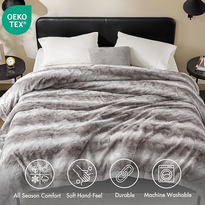 Madison Park Twin Size Blanket Ultra-Soft Poly Fur, Reversible Plush, All Season & Lightweight Fuzzy Blanket for Bed, Couch & Sofa, Zuri, Twin/Twin XL Grey