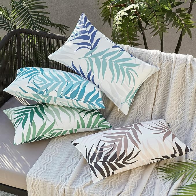 MIULEE Pack of 2 Decorative Outdoor Waterproof Throw Pillow Covers Patio Pillow Cases Natural Leaves Pattern Spring Square Cushion Shams Shell for Garden Balcony Couch 12x20 Inch, Blue