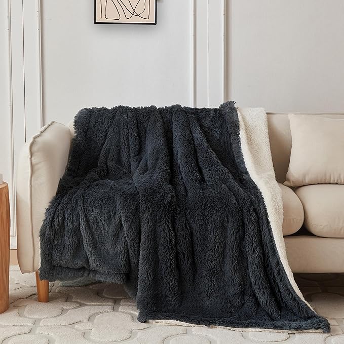 COOVA Ultra Soft Faux Fur Twin Blanket – Fuzzy Fluffy Cozy Microfiber Blankets, Warm Thick Plush Sherpa Fleece Throw Blanket for Couch,Bed,Sofa,Ideal Gift for Women.(Dark Grey, 60"x80")