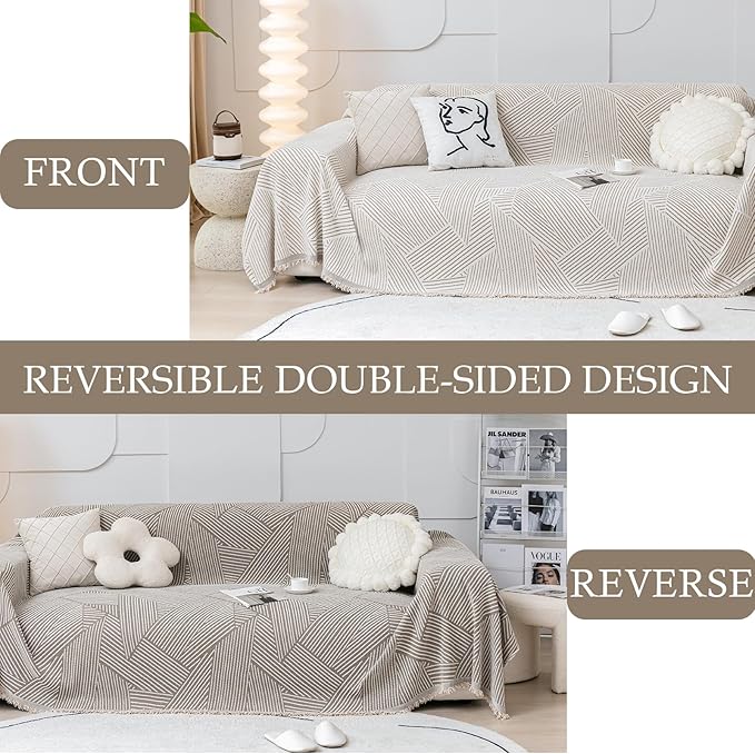 HANDONTIME Khaki Couch Cover Reversible Sofa Slipcovers Striped Sofa Towel Sofa Covers for 3 Cushion Couch Durable Couch Cover for Dogs Chenille Furniture Protector Cover with Tassel, 71" X134"