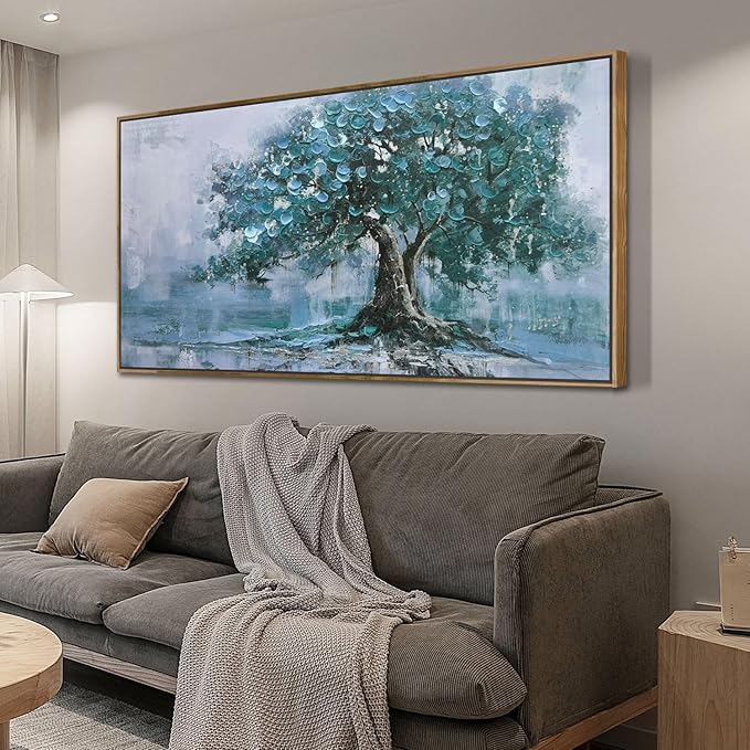 Ardemy Framed Tree Canvas Wall Art for Living Room Large, Teal Tree of Life Picture Wall Decor Landscape Bedroom Nature Painting Artwork Home Office Dining Room Kitchen 40"x20"