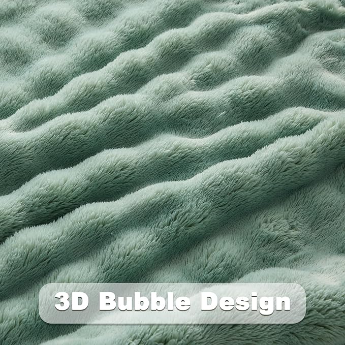 NEWCOSPLAY King Blanket for Couch Green Super Soft Flannel Fleece 3D Bubble Lightweight Bed Blanket All Season Use (New Sage Green, King(90"x110"))