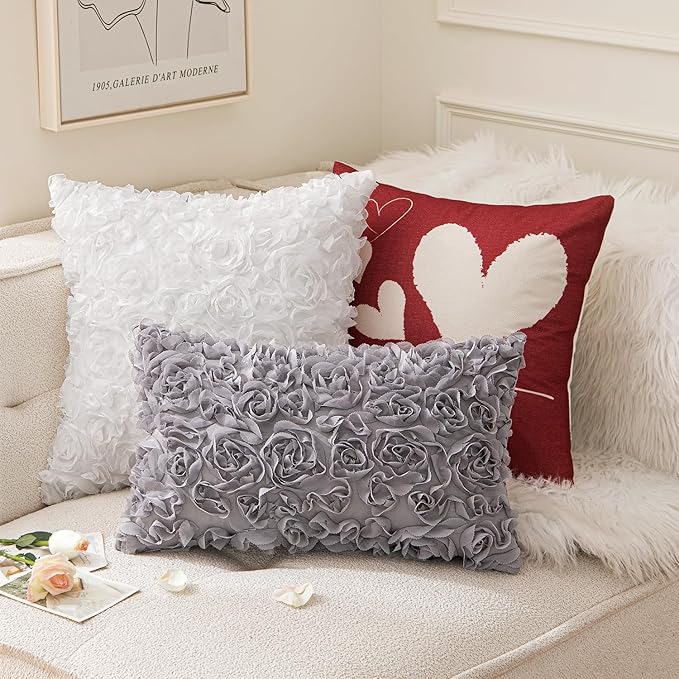 MIULEE 3D Rose Flower Pillow Cover Decorative Spring Floral Romantic Stereo Chiffon Aesthetic Solid Pillowcase for Girl Bedroom Living Room Decor 12x20 Inch Grey