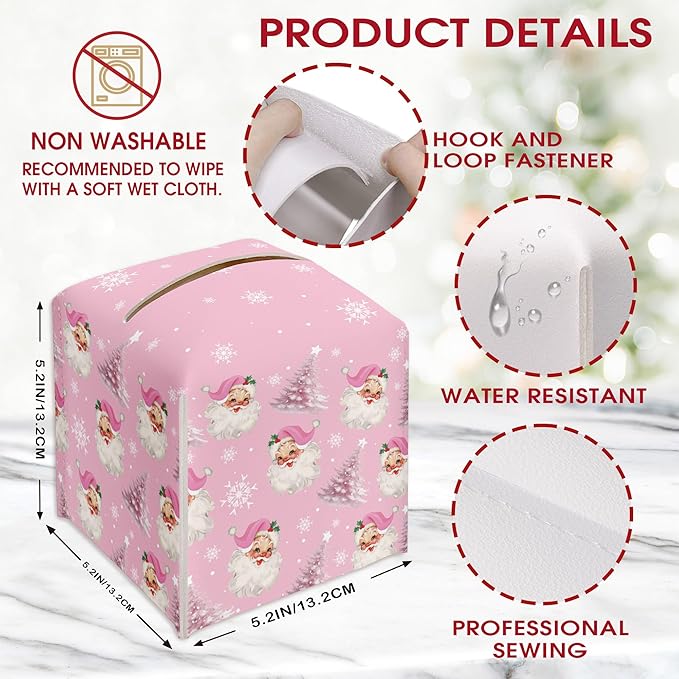 Pink Santa Claus Tissue Box Cover Holder, Christmas Trees Leather Tissue Box Cover Square, Xmas Gift Ideas for Family Friends, Bathroom Kitchen Car Office Home Table Decor(5.2 Inches)-B08