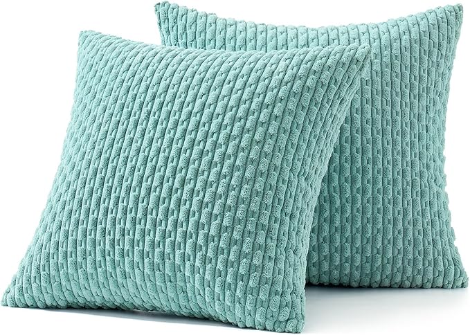 MIULEE Pack of 2 Decorative Throw Pillow Covers 16x16 Inch Soft Boho Striped Textured Corduroy Pillow Covers Modern Farmhouse Home Decor for Couch Bed Sofa Living Room Aqua Green