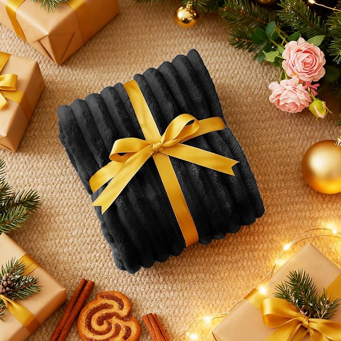 Nookly Black Twin Size Fleece Blanket, Soft Lightweight Ribbed Plush Bed Blanket, Cozy All-Season Striped Fleece Twin Throw for Bedroom and Home, 60x80 Inches