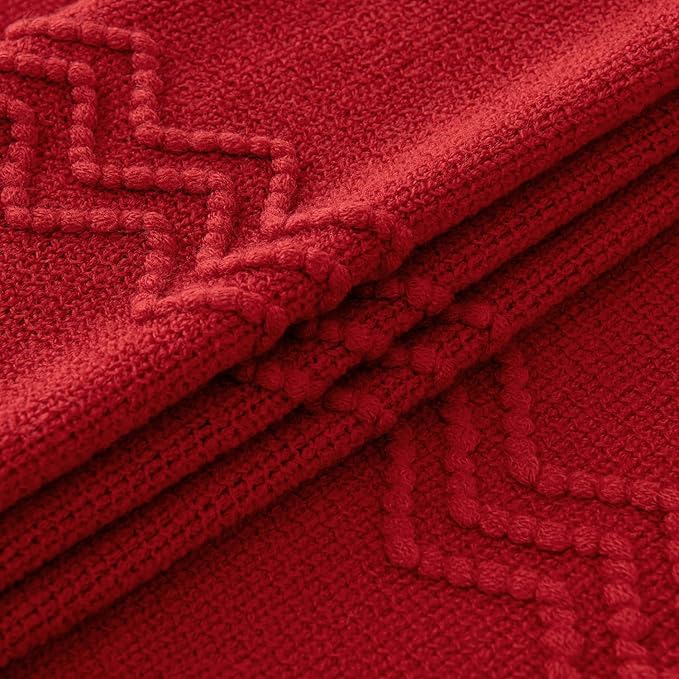 MIULEE Red Knitted Throw Blanket for Couch Boho Textured Cozy Woven Blanket with Tassels for Sofa Chair Bed Living Room Acrylic Wave Pattern 50"x60"