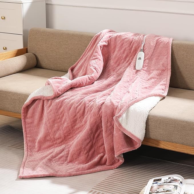 Electric Throw Blanket Heated Throw 50''x60''- Wheat Pattern Flannel & Sherpa Heated Lap Blanket with 5 Heat Settings & 4-Hour Auto Shut-Off, ETL & FCC Certified, Machine Washable Home Use, Pink