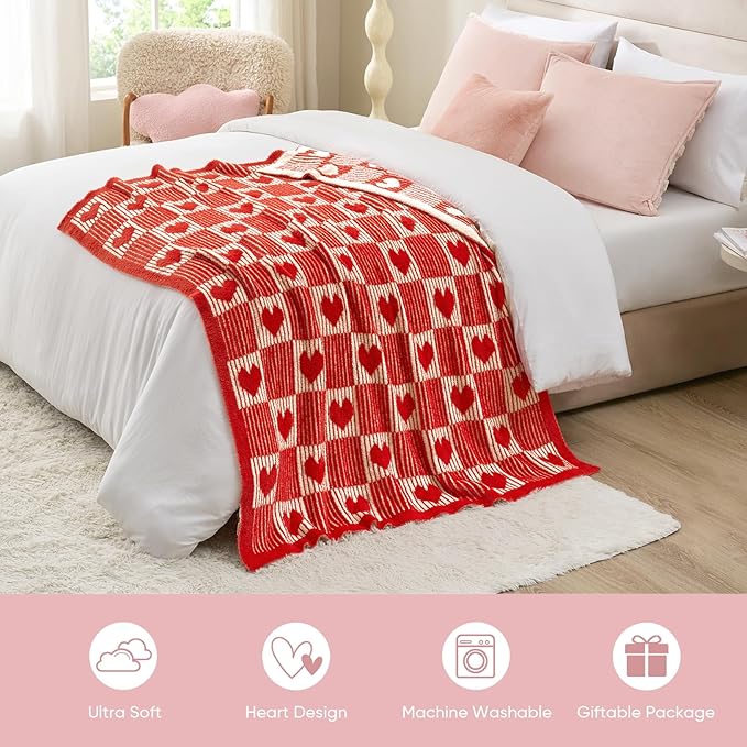 Snuggle Sac Red Heart Checkered Blanket for Women, Valentines Day Love Blankets Heart Blankets for Her Wife Mom,Super Soft Warm Fluffy Faux Fur Blanket for Couch Sofa Bed,Red Heart,60x80 inches