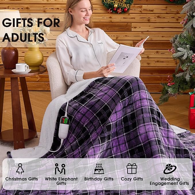 OCTROT Heated Blanket Electric, Twin Size 62X84, Heating Blanket with 10 Heating Levels & 8 Hours Auto Off, Purple Checkered Plaid Sherpa Blankets for Mom Grandma Women Couch