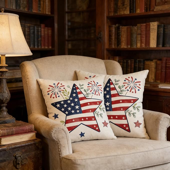 4th of July Patriotic Star Independence Day Throw Pillow Covers, Linen, 18x18 Inch, Set of 2, Farmhouse Style, Multicolor
