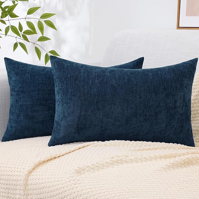 decorUhome Chenille Navy Blue Summer Throw Pillow Covers 12x20 Inch Set of 2, Decorative Soft Couch Pillow Covers Solid Dyed Accent Farmhouse Neutral Rectangle Pillow Cases for Sofa