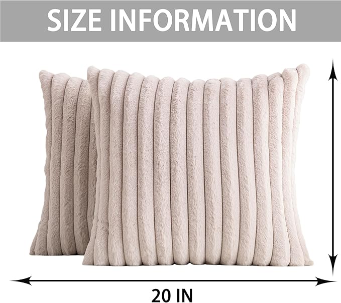 Aegero Pack of 2 Faux Fur Christmas Throw Pillow Covers 20x20 Inch, Soft Plush Striped Neutral Couch Pillow Cover, with Velvet Back Modern Home Decor for Sofa Living Room Couch Bed Light Grey