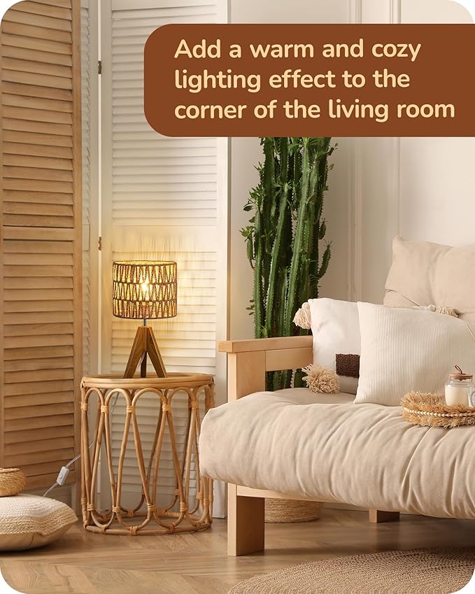 EDISHINE Small Table Lamp, Rattan Wood Tripod Bedside Lamp, Boho Nightstand Lamp for Living Room, End Table, Office, E26 Base, Natural Style