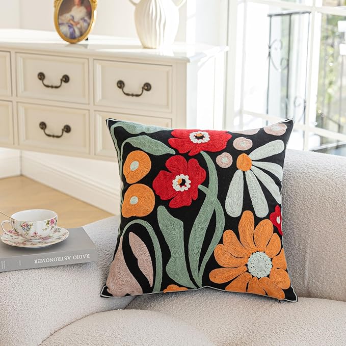 YIcabinet Pack of 2 Throw Pillow Covers,Colorful Flowers Embroidered Pillow Case Soft Decorative Pillowcases for Home Sofa Couch 18x18 Inch