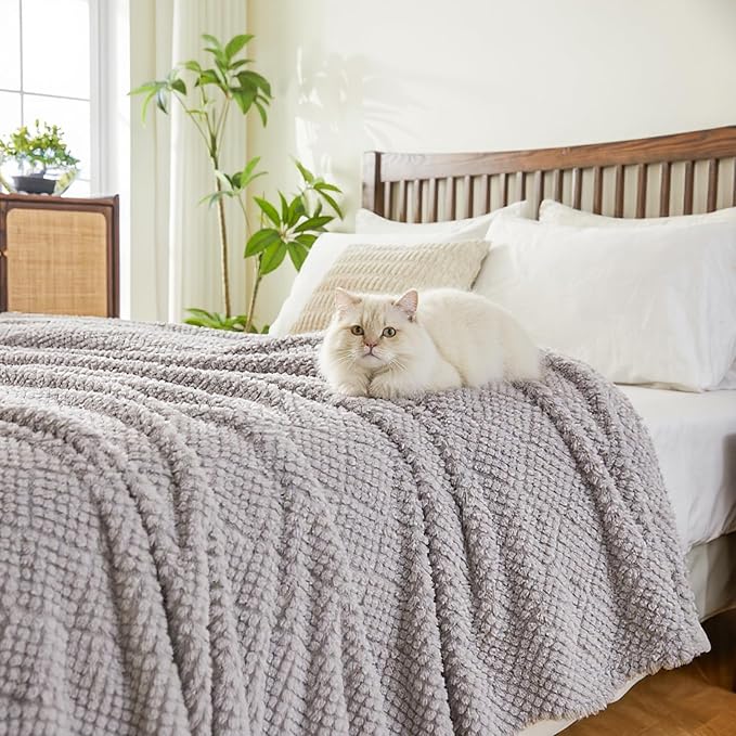 EMME Fleece Blanket, 3D Jacquard Throw Blanket for Couch and Bed, Soft Cozy and Fluffy Blankets Lightweight Luxury Flannel with Waffle Design (Grey, 50" x 60")